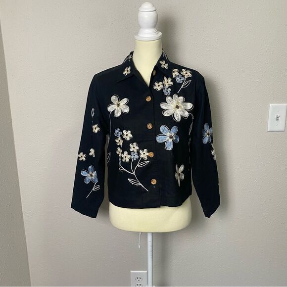 Vintage Studio Works Linen Blend Floral Embroidered Button Front Jacket Size PS - Picture 10 of 13